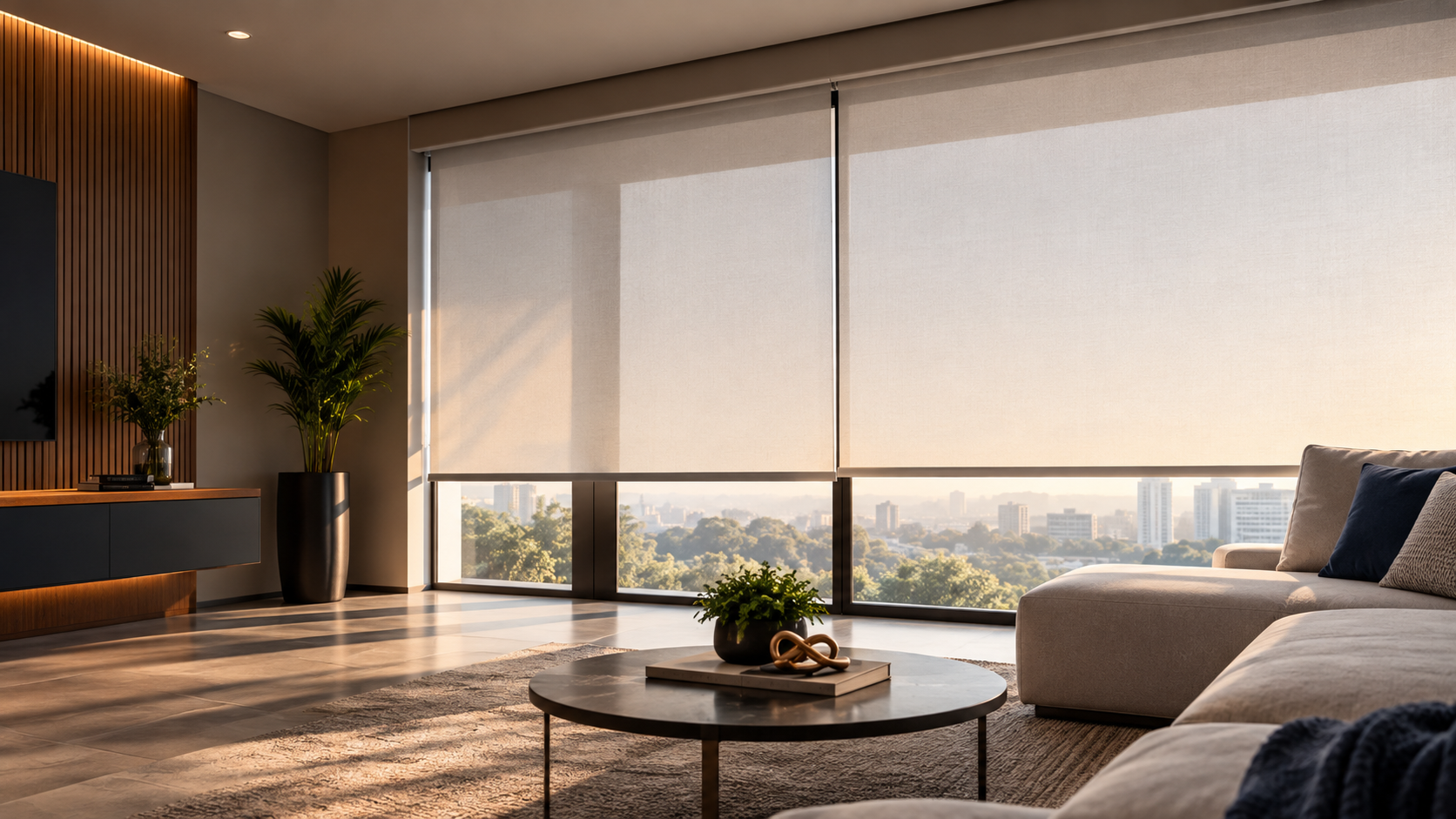 Cortina rolô em sala de estar elegante com vista para a cidade